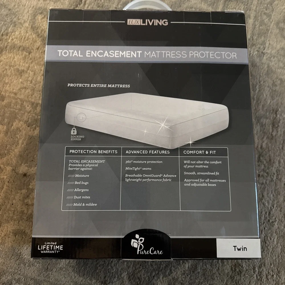 LUX‎ Living Pure Care Mattress Protector Cover Sz Twin Bed Bugs Mites Allergies